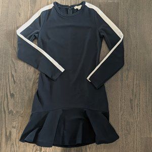 Michael Kors Navy Long Sleeve Dress with White Stripe and Ruffle